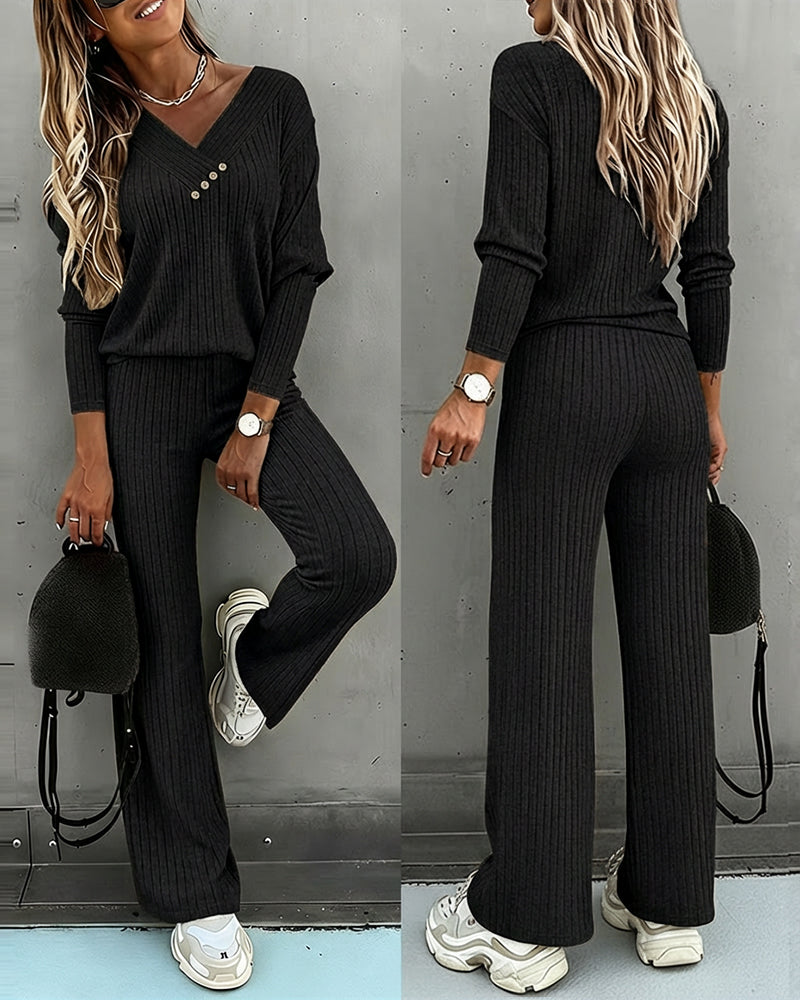 Tanja | Rippstrick-Set mit V-Ausschnitt und weiter Hose