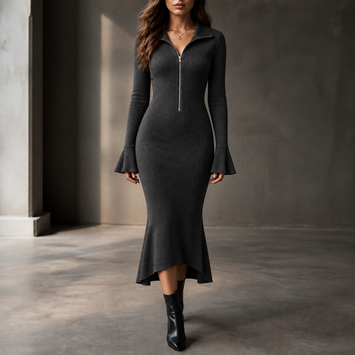 Leandra | Rippstrick-Midikleid mit ausgestelltem Saum