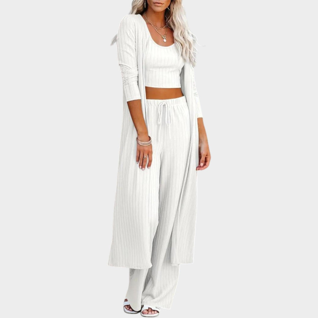 Almira | Dreiteiliges Rippstrick-Set mit langem Cardigan