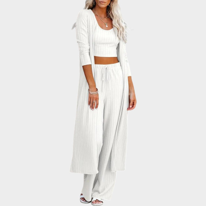 Almira | Dreiteiliges Rippstrick-Set mit langem Cardigan