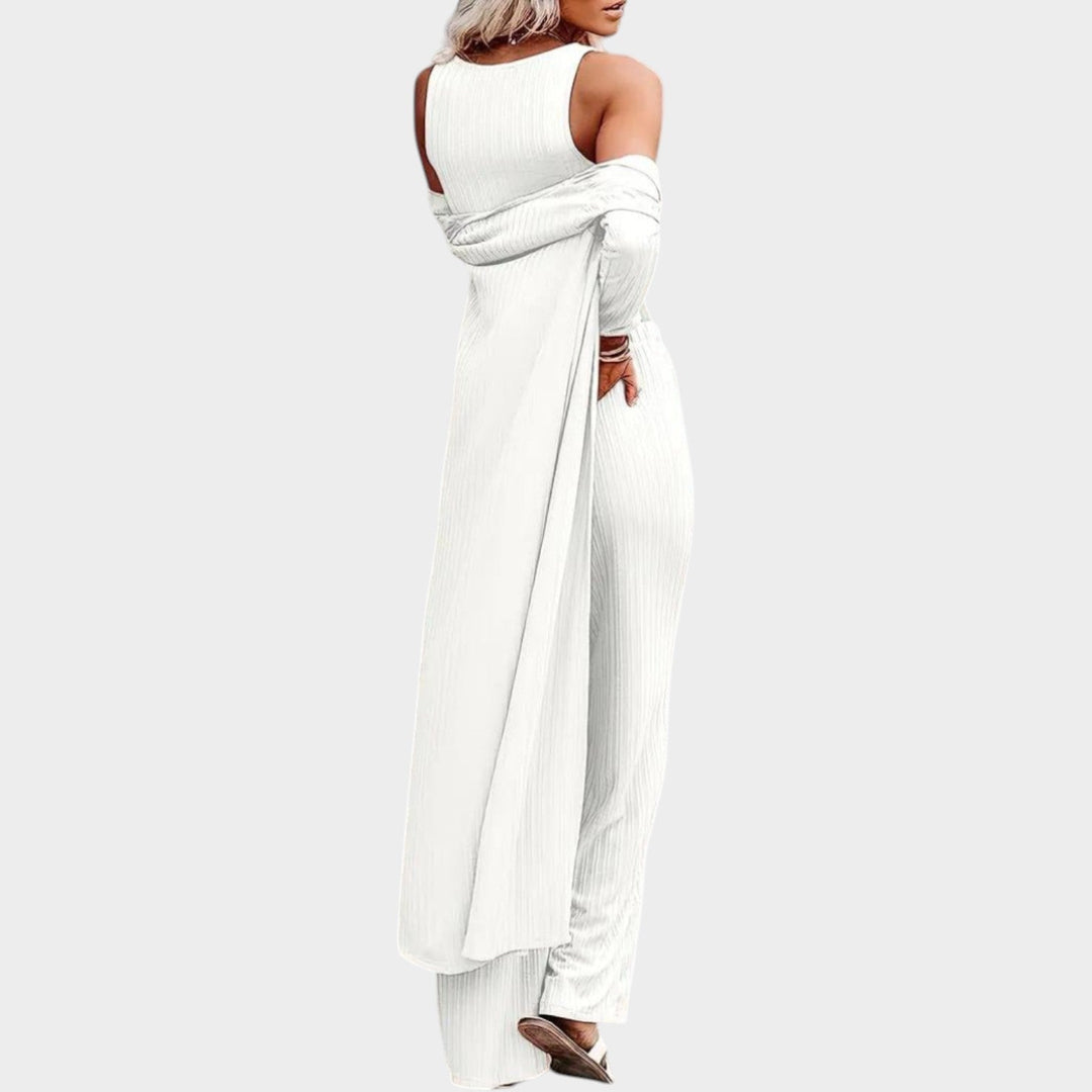 Almira | Dreiteiliges Rippstrick-Set mit langem Cardigan