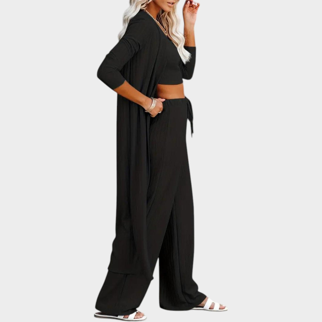 Almira | Dreiteiliges Rippstrick-Set mit langem Cardigan