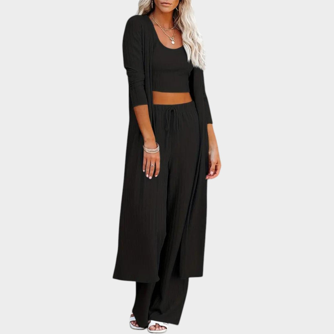 Almira | Dreiteiliges Rippstrick-Set mit langem Cardigan