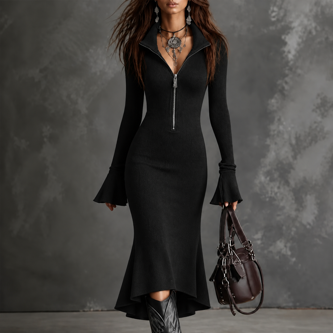 Leandra | Rippstrick-Midikleid mit ausgestelltem Saum