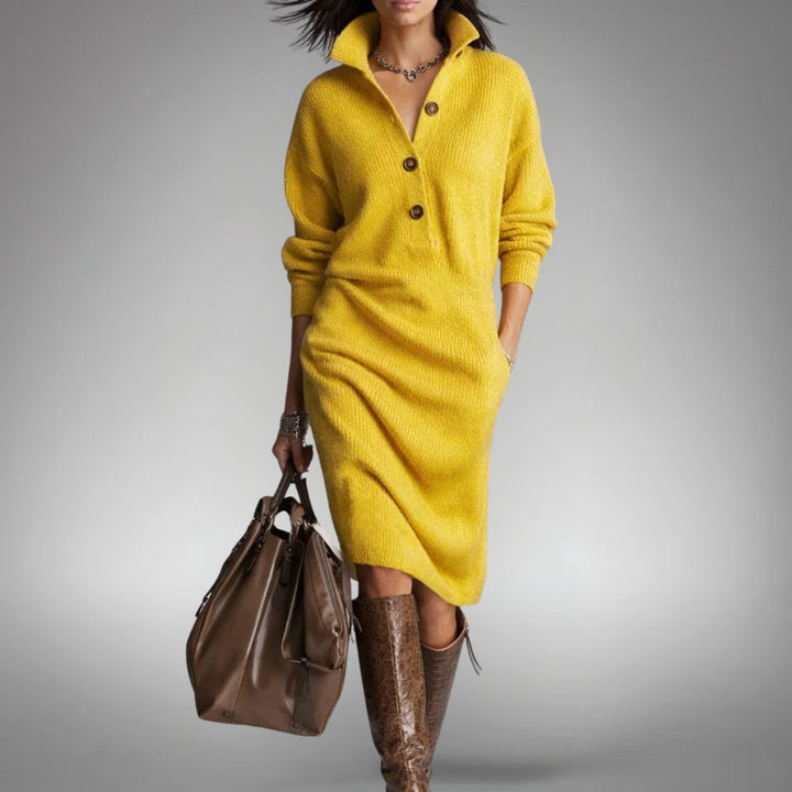 Philippa | Lockeres Midi-Pulloverkleid mit Knopfkragen