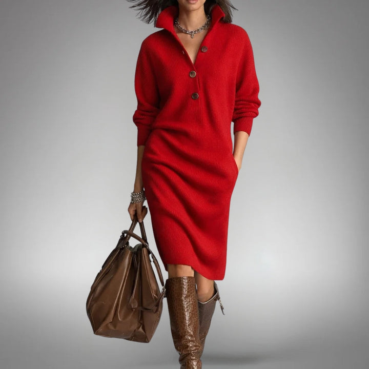 Philippa | Lockeres Midi-Pulloverkleid mit Knopfkragen