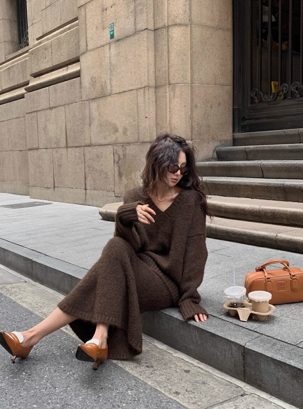 Heidrun | Strick-Set mit V-Ausschnitt und weiter Hose