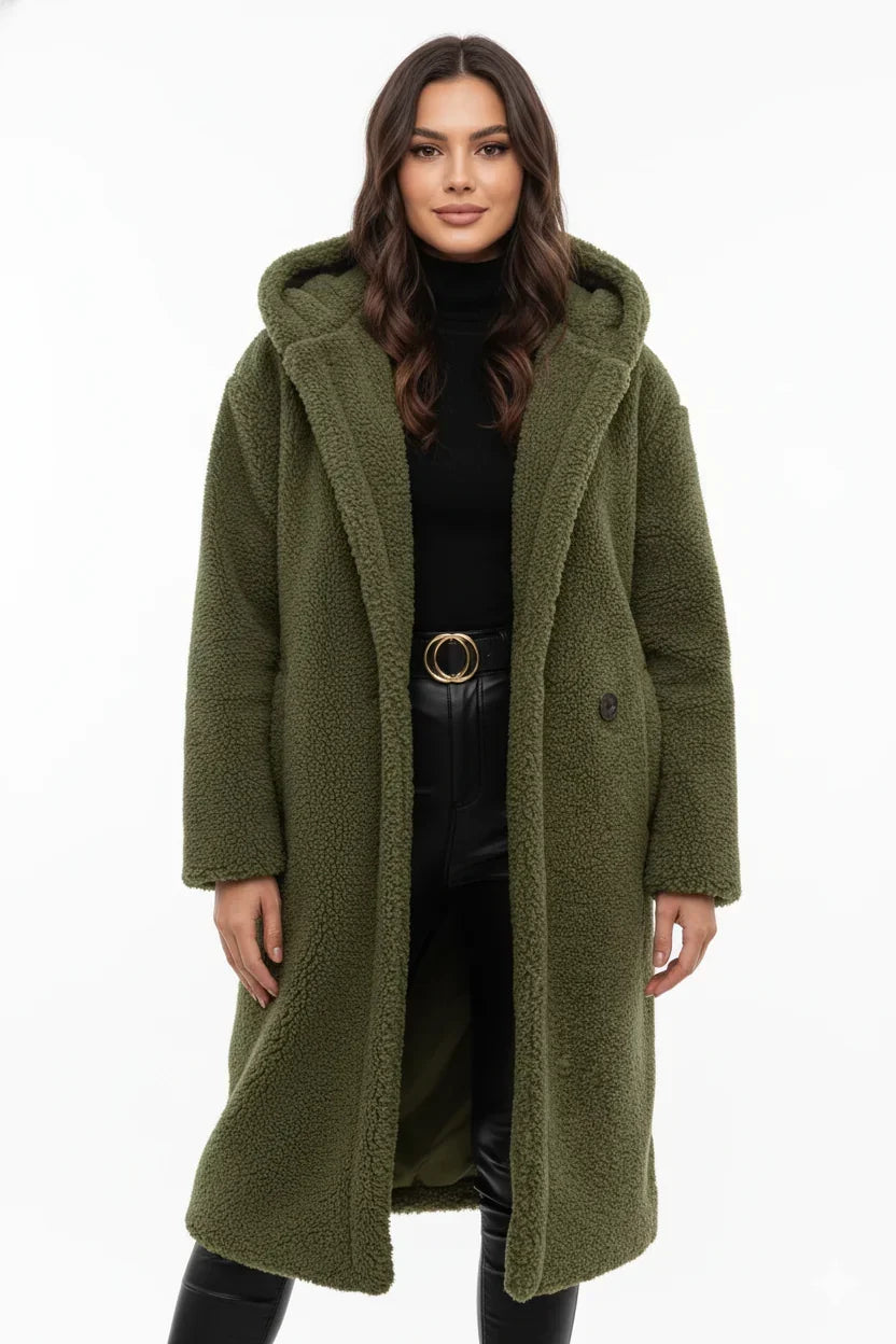Ortrun | Knielanger Oversized Teddymantel mit Kapuze