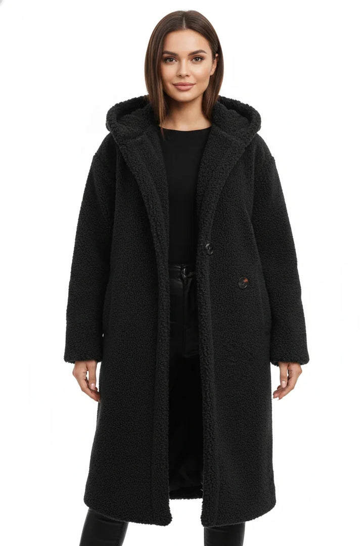 Ortrun | Knielanger Oversized Teddymantel mit Kapuze