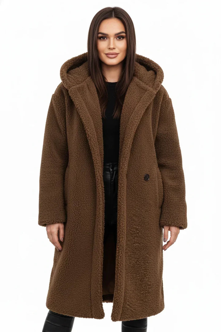 Ortrun | Knielanger Oversized Teddymantel mit Kapuze