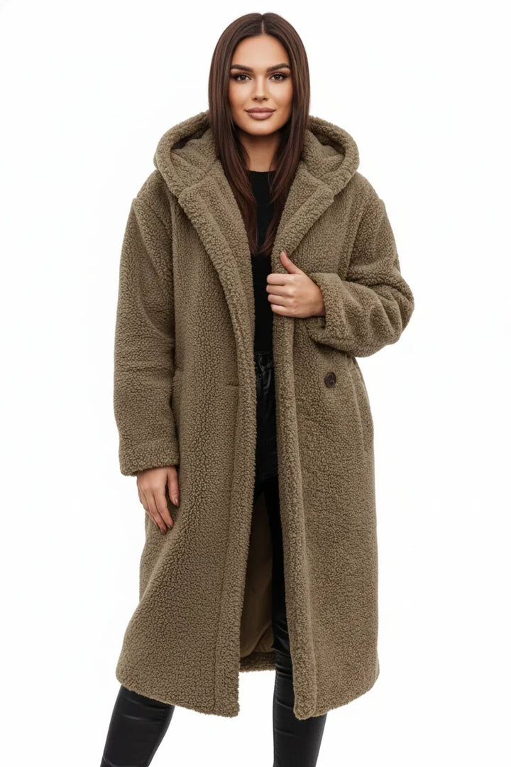 Ortrun | Knielanger Oversized Teddymantel mit Kapuze