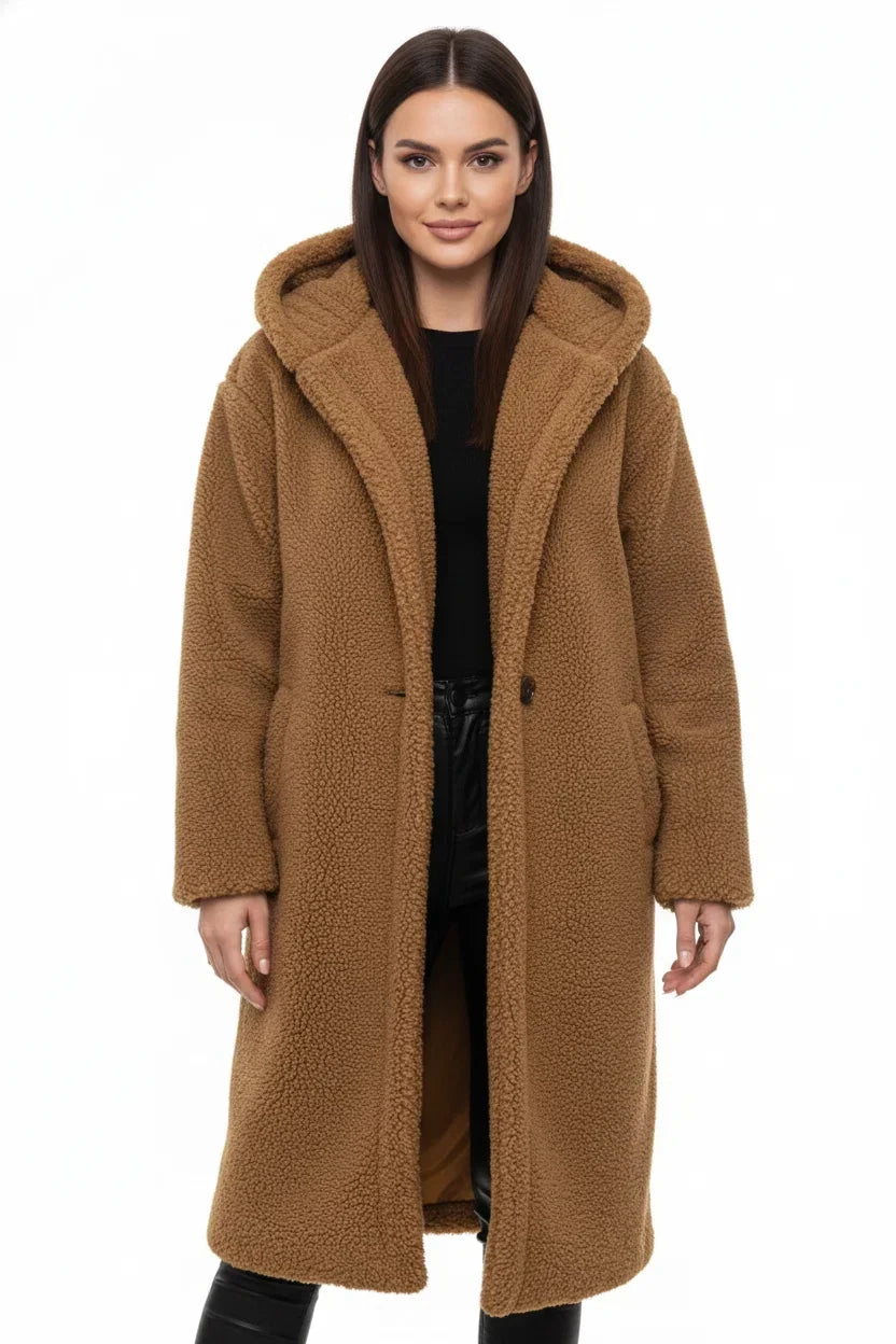 Ortrun | Knielanger Oversized Teddymantel mit Kapuze