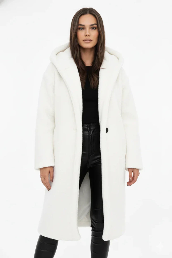 Ortrun | Knielanger Oversized Teddymantel mit Kapuze