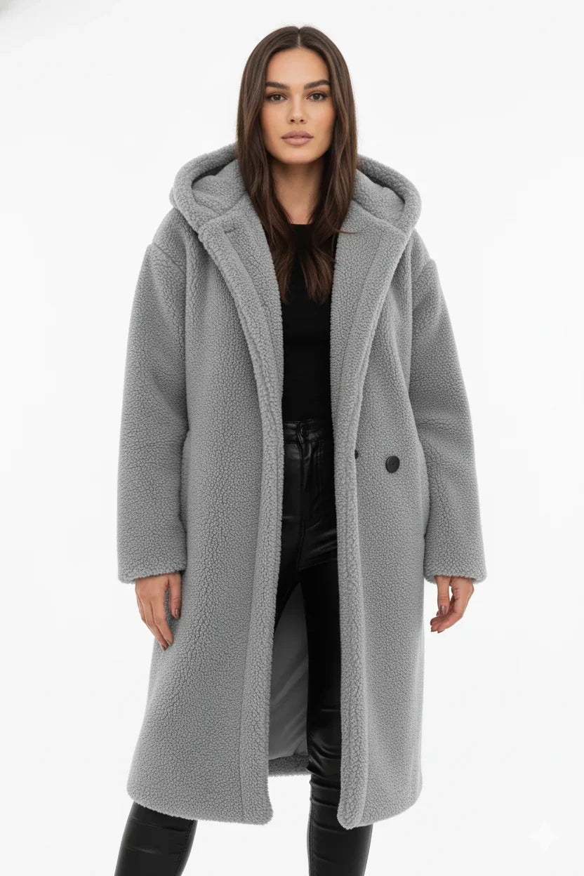 Ortrun | Knielanger Oversized Teddymantel mit Kapuze