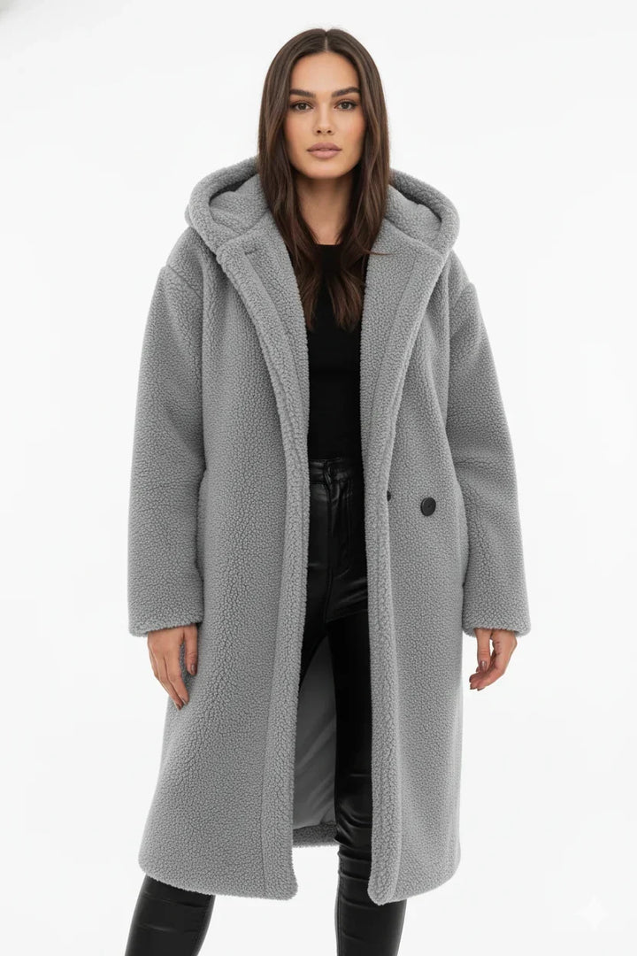 Ortrun | Knielanger Oversized Teddymantel mit Kapuze