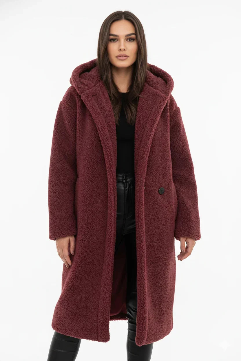 Ortrun | Knielanger Oversized Teddymantel mit Kapuze