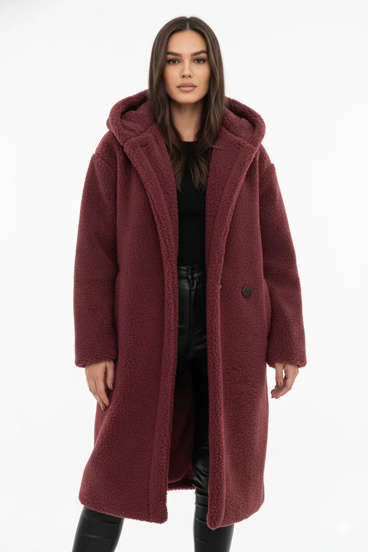 Ortrun | Knielanger Oversized Teddymantel mit Kapuze